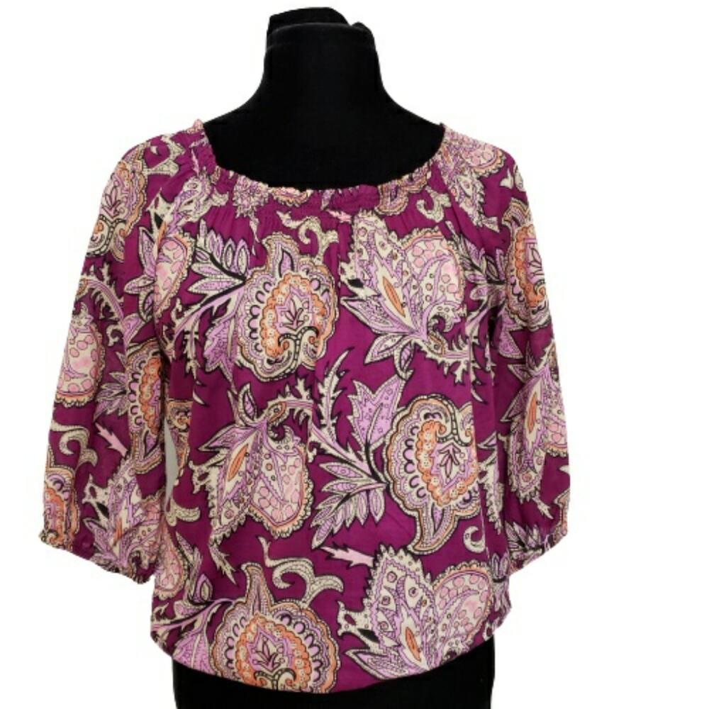 Ann Taylor Loft Top Medium Smocked Paisley Floral 3/4 Sleeve Blouse Office